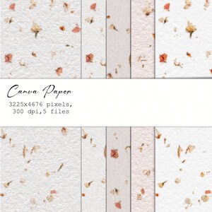 May include: A selection of textured white Canva paper sheets with dried flowers and petals in orange and brown. The text "Canva Paper" is displayed, along with the resolution and file details.