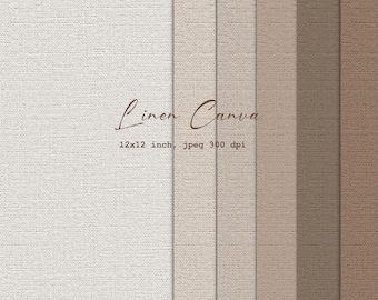 Puede incluir: Imagen digital con una textura de lienzo de lino en varios tonos neutros. La imagen incluye el texto "Linen Canva" en fuente cursiva, junto con las dimensiones "12x12 inch, jpeg 300 dpi."