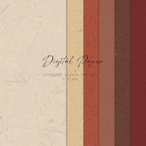 May include: Digital paper pack featuring six vertical strips of textured paper in varying shades of beige, tan, red, and brown. The words "Digital Paper" are written in a cursive font. The image also includes the dimensions and file count.
