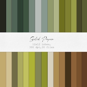 May include: A collection of solid-colored paper sheets in various shades of green, olive, and brown. The text "Solid Paper" is displayed, along with the dimensions of 12x12 inches, 300 dpi, and 30 files. The paper is arranged in vertical stripes.