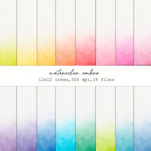 Könnte beinhalten: Eine Sammlung digitaler Aquarell-Ombre-Papiere. Jedes Papier zeigt einen Farbverlauf, der von einer leuchtenden Farbe zu Weiß übergeht. Das Bild enthält den Text "watercolor ombre" und "12x12 Zoll, 300 dpi, 16 Dateien."