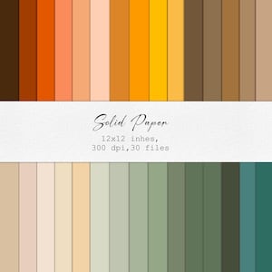 Può includere: Una collezione di fogli di carta a tinta unita in varie tonalità calde e fredde, disposti in file verticali. La tavolozza dei colori comprende sfumature di arancione, marrone, giallo e verde. Il testo "Solid Paper" e le dimensioni sono visualizzati.
