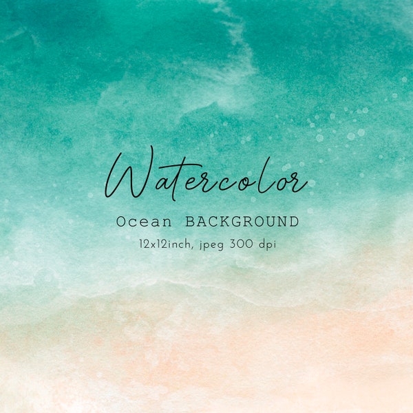 Watercolor beach background, ocean background, watercolor ocean, beach, sand, water, sky