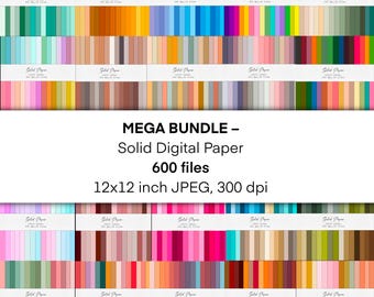 Może przedstawiać: Kolekcja papieru cyfrowego w różnych kolorach, ułożonych w pionowe paski. Obraz zawiera tekst "MEGA BUNDLE - Solid Digital Paper 600 files 12x12 inch JPEG, 300 dpi."