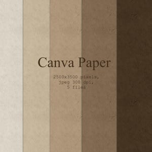 Puede incluir: Cinco fondos de papel texturizados diferentes en tonos beige, marrón y blanco. Canva Paper, 2500x3500 píxeles, jpeg 300 dpi, 5 archivos.