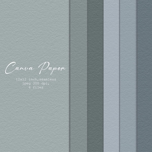 Könnte beinhalten: Ein digitales Papier-Set mit sechs nahtlosen Texturen in Grau- und Blautönen. Der Text "Canva Paper" ist in einer Schreibschrift geschrieben. Die Beschreibung enthält auch die Abmessungen, die Auflösung und die Anzahl der Dateien.