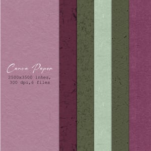 Può includere: Una collezione di carta strutturata nei toni del rosa, bordeaux, verde oliva e verde salvia. L'immagine include il testo "Canva Paper" e dettagli sulle dimensioni e la risoluzione della carta.