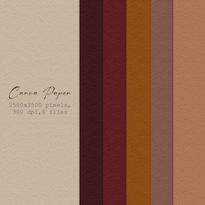 Peut inclure: Un ensemble de papiers numériques aux couleurs variées. Le pack comprend six fichiers de 2500x3500 pixels à 300 dpi. La palette de couleurs comprend beige, bordeaux, rouge, or, marron et beige. Les mots "Canva Paper" sont écrits en cursive.