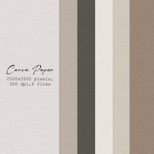 May include: A digital paper pack with six vertical strips of textured paper in neutral tones. The colors range from off-white to dark gray and brown. The words "Canva Paper" are written in cursive, along with the dimensions and file details.