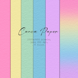 May include: Six digital paper textures in pastel colours, including pink, yellow, green, blue, purple, and a gradient from yellow to blue. The text "Canva Paper" and "2500x3500 pixels, jpeg 300 dpi, 6 files" is displayed on the image.