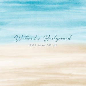 Może przedstawiać: Tło akwarelowe z gradientem jasnoniebieskiego i beżowego. Tekst "Watercolor Background" jest napisany kursywą. Wymiary to 12x12 cali przy 300 dpi.