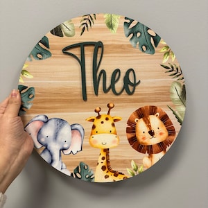 Signo de la puerta del tema Safari, decoración de la habitación del bebé de los animales de la selva, signo de la puerta de la guardería del tema del león, vivero de la selva, decoración de la pared de la habitación de los niños del animal del safari, 3D