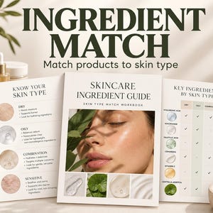 May include: A skincare ingredient guide workbook featuring three informational panels. The center panel displays a face with green leaves, while the side panels list skin types, key ingredients, and a matching chart for dry, oily, combination, and sensitive skin.