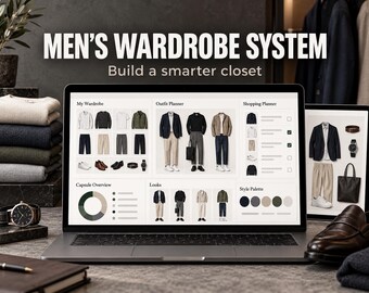 Paquete de vestuario masculino: Armario cápsula, conjuntos elegantes e informales y planificador de compras.