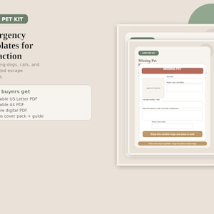Puede incluir: Un kit para mascotas perdidas con plantillas de emergencia para una acción rápida. El kit incluye PDF imprimibles US Letter, A4, PDF digital rellenable y un paquete de cubierta y guía de bonificación. Diseñado para perros, gatos y situaciones de escape inesperadas.