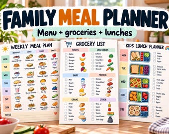 Planificador de comidas familiares: menú semanal, lista de la compra y planificador de almuerzos para niños.