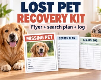 Kit de recuperación de mascotas perdidas: Folleto para perros y gatos desaparecidos + Registro de búsqueda
