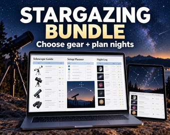 Paquete de iniciación a la observación astronómica: guía del telescopio, planificador de configuración y registro nocturno.
