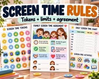 Kit de reglas para el tiempo frente a la pantalla: Fichas para niños, límites y acuerdo familiar imprimible