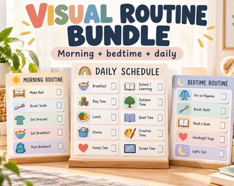 Paquete de rutinas visuales para niños: Tarjetas para la mañana, la hora de dormir y el horario diario.