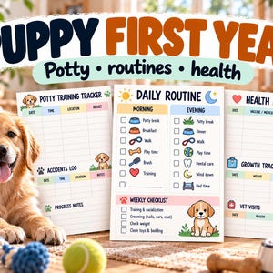 Puede incluir: Un conjunto de seguimiento para el primer año de un cachorro con tres hojas impresas tituladas Potty Training Tracker, Daily Routine y Health Log. Las hojas incluyen columnas para fechas, horas y notas, decoradas con iconos de cachorros y huellas.