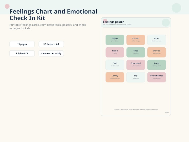 Kids Feelings Chart and Emotional Check in Kit (printable PDF) - Etsy