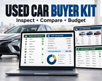 Paquete para compradores de autos usados: Lista de verificación de inspección, calculadora de costos y planificador de mantenimiento.