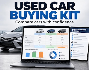 Kit para la compra de coches usados: Lista de verificación de inspección y hoja de cálculo para la comparación de vehículos.