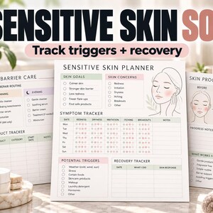 May include: A set of three printed paper sheets titled Sensitive Skin Planner, Skin Barrier Care, and Skin Progress. The pages feature checklists for skin goals, concerns, symptom tracking, potential triggers, and recovery logs with illustrations.