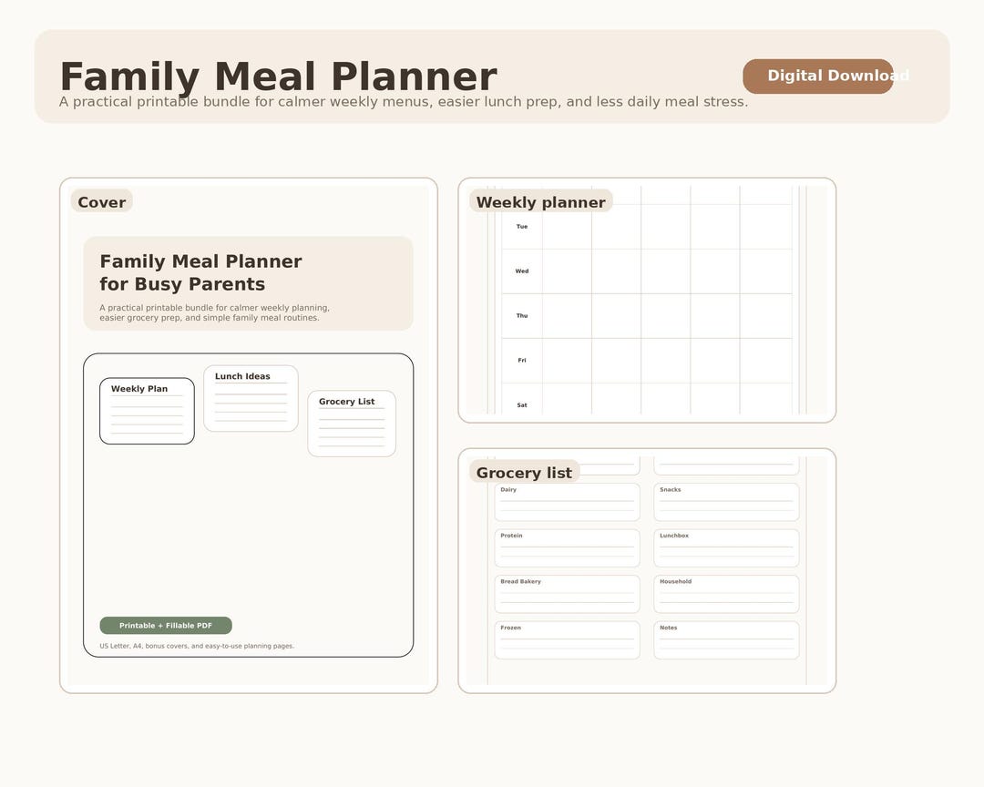 Family Meal Planner Printable Weekly Menu Grocery List Kids Lunch ...