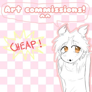 May include: A digital line art illustration featuring an anime-style character with spiky hair and large brown eyes. A speech bubble contains the text Art commissions! and a yellow starburst shape displays the red text CHEAP! on a pink checkered background.