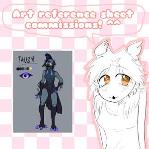 May include: A digital art reference sheet featuring a character named Talon with dark blue and black avian features, including a beak and talons. A speech bubble at the top contains the text Art reference sheet commissions! with two carets.