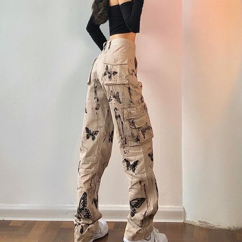 Butterfly Print Cargo Pants Straight Wide Leg Khaki Butterfly Etsy