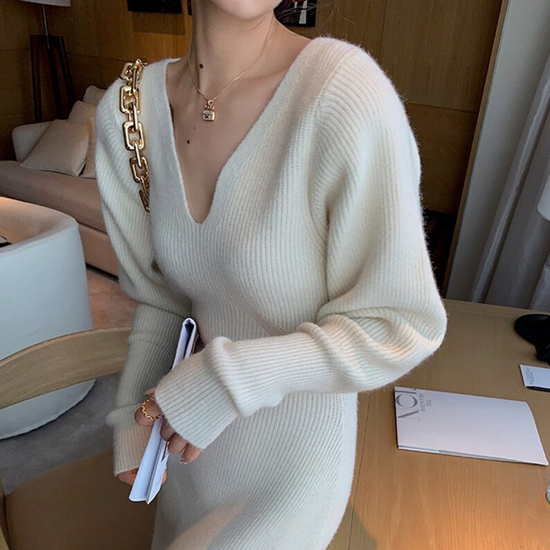 Winter Long Knitted Sweater Dress Vneck Long Sleeve Knit Etsy