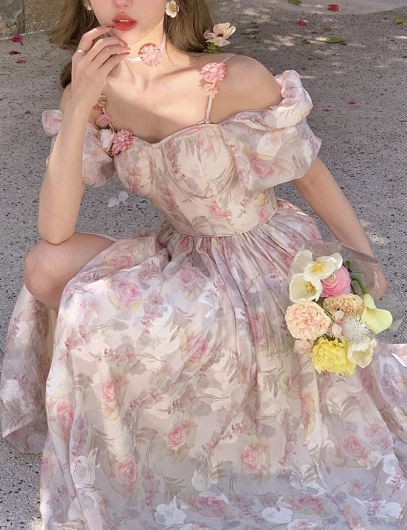 Vintage Pink Elegant Cottagecore Dress Fairy Prom Dress - Etsy