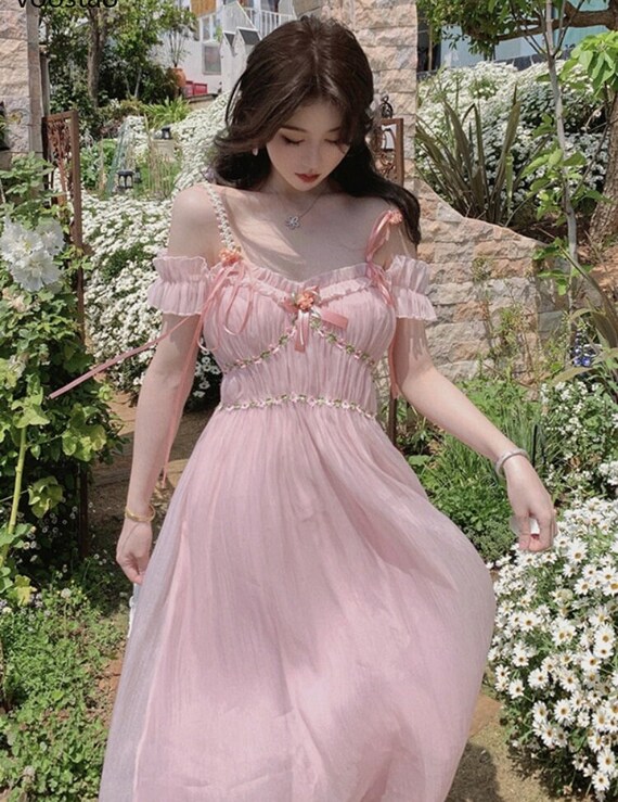 Cottagecore Floral Dress Fairycore Pink Prom Dress Summer - Etsy Singapore