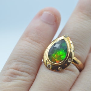 US Size 6 | Pear Ammolite Ring 12x8mm | Gold Plated Sterling Silver