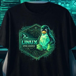 May include: Black t-shirt featuring a green and black graphic of a penguin with a geometric design. The text "LINUX OPEN SOURCE" is displayed within a hexagon. The shirt is displayed in front of two computer monitors.