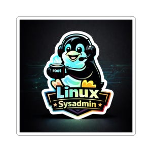 May include: A sticker featuring a cartoon penguin wearing a headset and holding a mug with "root" on it. The penguin is surrounded by a cloud and the text "Linux Sysadmin" is displayed below. The sticker has a black background.