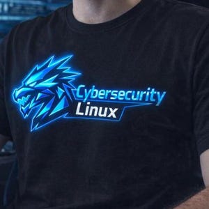May include: Black t-shirt with a blue and white dragon graphic and the text "Cybersecurity Linux". The design is on the chest. The shirt has short sleeves and is likely made of cotton.