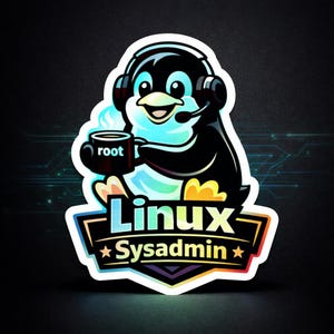 Könnte beinhalten: Ein Aufkleber mit einem Cartoon-Pinguin, der ein Headset trägt und eine Tasse mit der Aufschrift "root" hält. Der Pinguin ist von blauem Dampf umgeben, und der Aufkleber trägt den Text "Linux Sysadmin" in einem Banner.