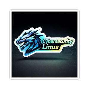 May include: A sticker featuring a stylized blue and white wolf head design. The text "Cybersecurity Linux" is displayed in a green and white font. The sticker has a white border and is set against a dark background.