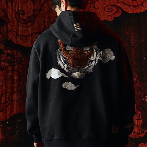 Men's embroidered tiger hoodie, vintage cotton long sleeve hoodie, shops loose personality tiger pullover sweater