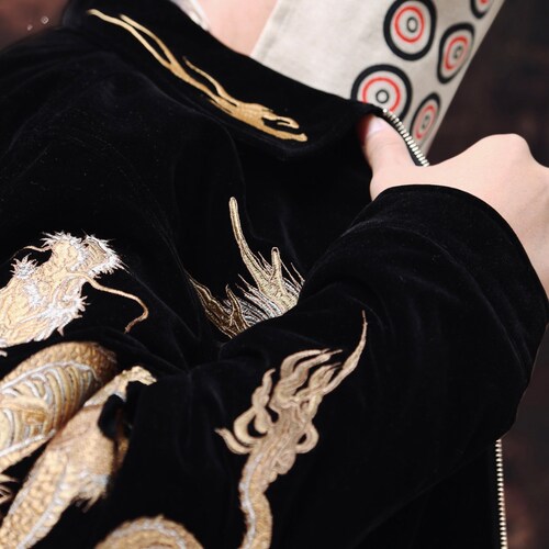 Men's dragon embroidered shops velvet jacket, loose vintage embroidery yokosuka jacket, embroidery Souvenir Jacket