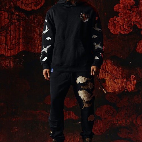 Men's embroidered tiger hoodie, vintage cotton long sleeve hoodie, shops loose personality tiger pullover sweater