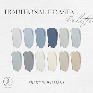 May include: A color palette graphic titled TRADITIONAL COASTAL Palette featuring twelve paint swatches in shades of white, gray, blue, and beige. The text SHERWIN-WILLIAMS and a circular logo with the letters SJA INTERIORS are visible.