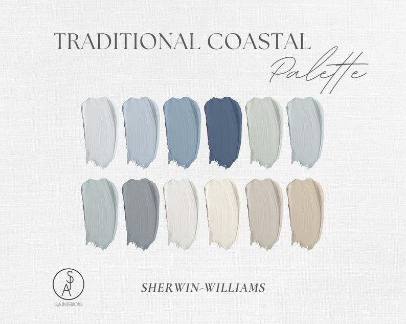 May include: A color palette graphic titled TRADITIONAL COASTAL Palette featuring twelve paint swatches in shades of white, gray, blue, and beige. The text SHERWIN-WILLIAMS and a circular logo with the letters SJA INTERIORS are visible.