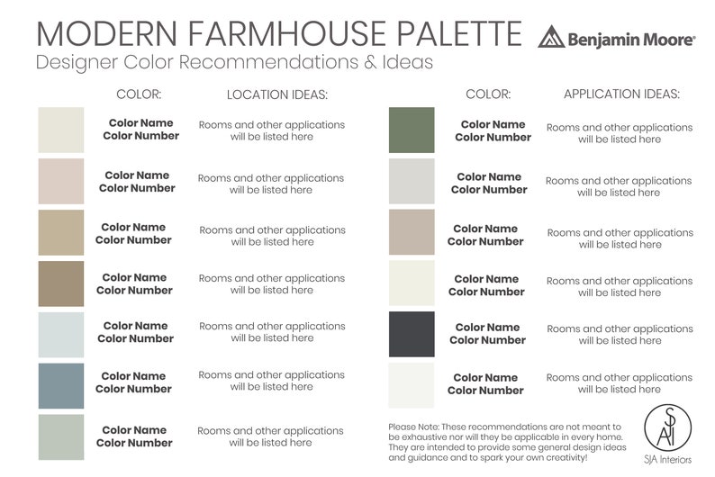 Modern Farmhouse Paint Color Palette Benjamin Moore Etsy