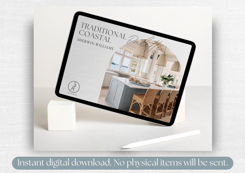 May include: A tablet displaying a digital graphic titled TRADITIONAL COASTAL SHERWIN-WILLIAMS PALETTE, featuring an interior kitchen scene with a blue island, wicker stools, and pendant lights. A white stylus rests on the surface in front of the tablet.