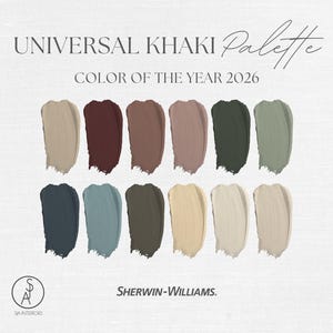 Może przedstawiać: Paleta kolorów zatytułowana "UNIVERSAL KHAKI Palette" z tekstem "COLOR OF THE YEAR 2026". Paleta zawiera dwanaście próbek farb w różnych odcieniach beżu, brązu, zieleni i niebieskiego. Widoczne jest logo Sherwin-Williams.